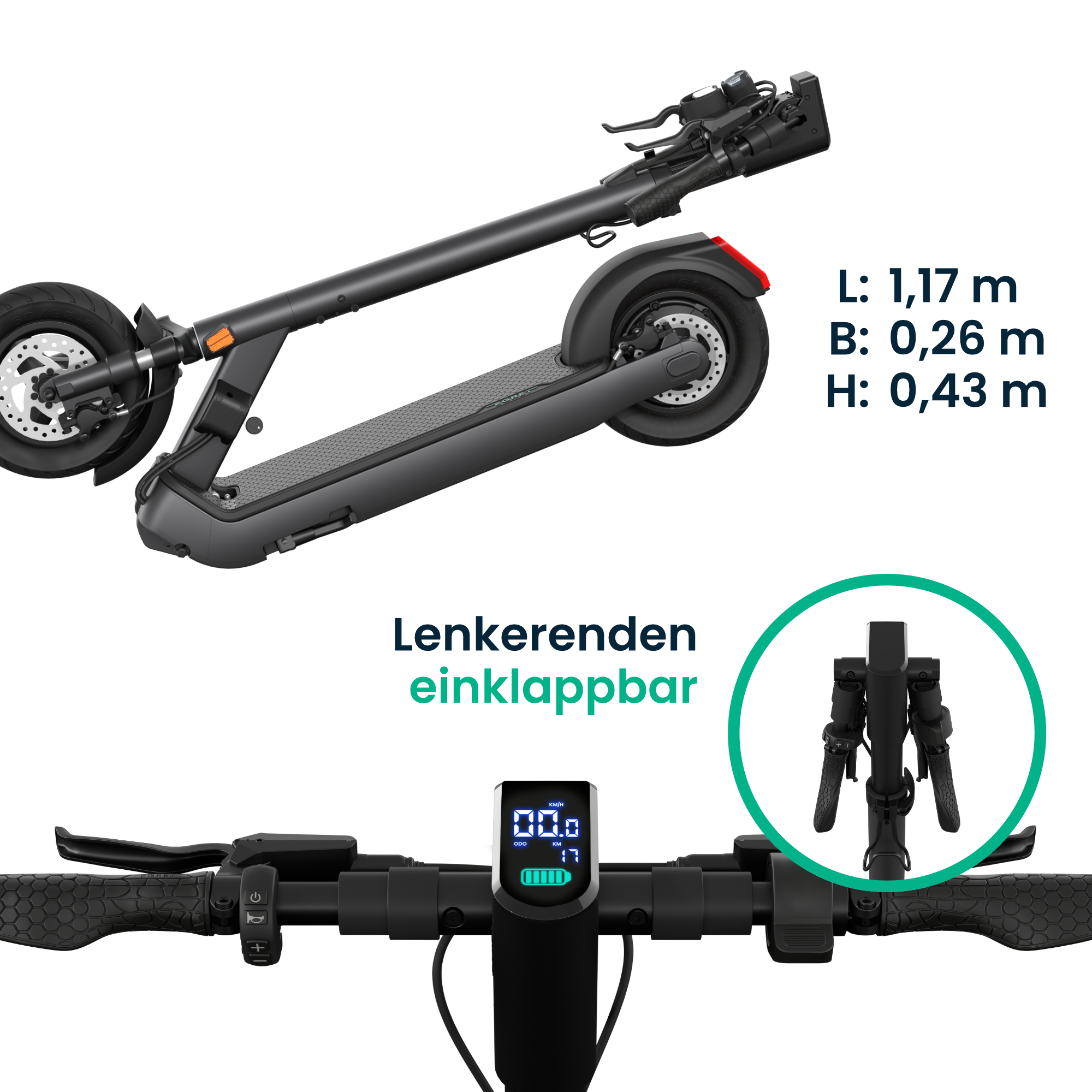 Schwarzer Elektroroller. Details: Klapplenker, Digitalanzeige, Scheibenbremsen und Maße von Länge, Breite und Höhe sind sichtbar.