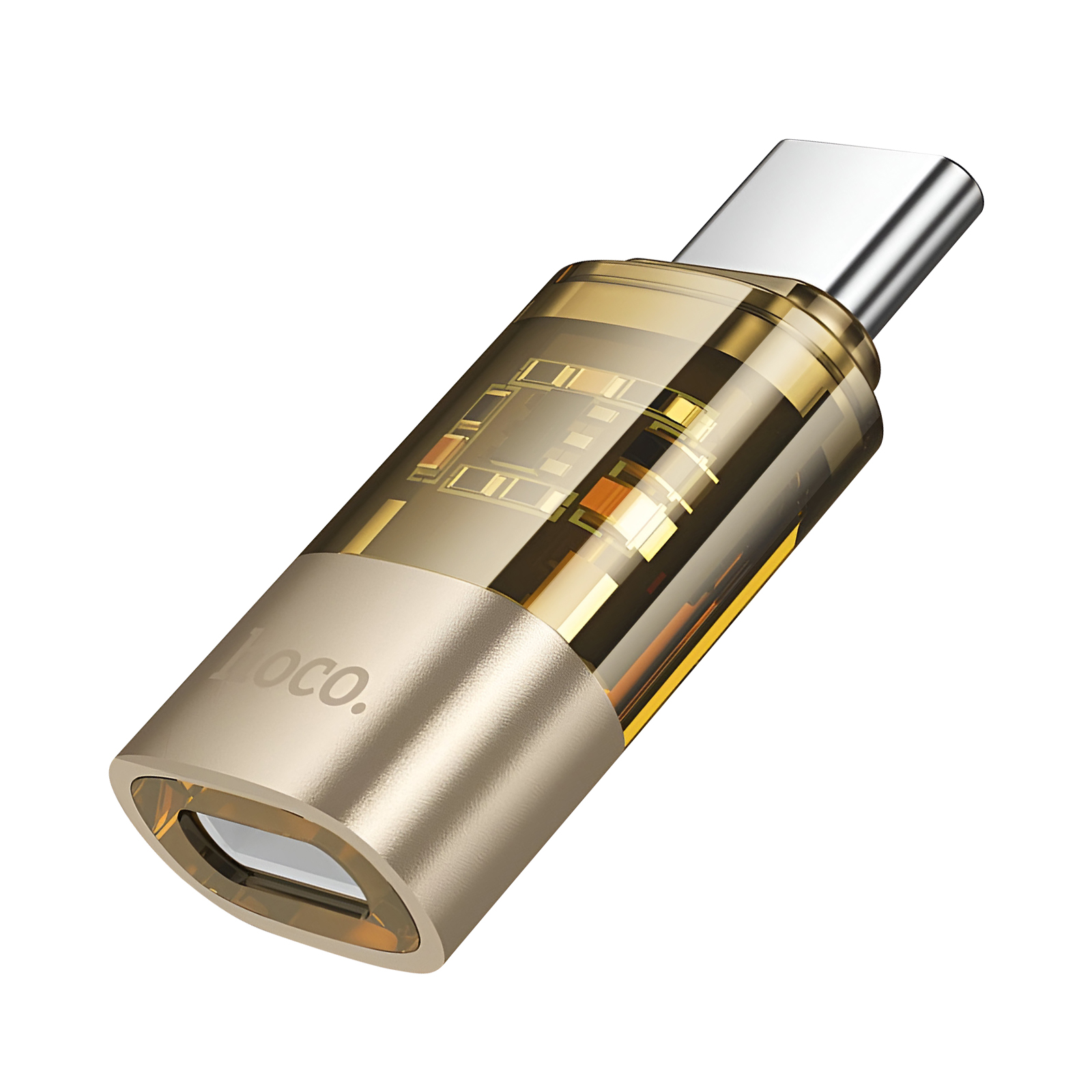 Un adattatore USB-C dorato. L'adattatore ha una sezione trasparente che mostra i componenti interni. Il marchio 'hoco.' è visibile.