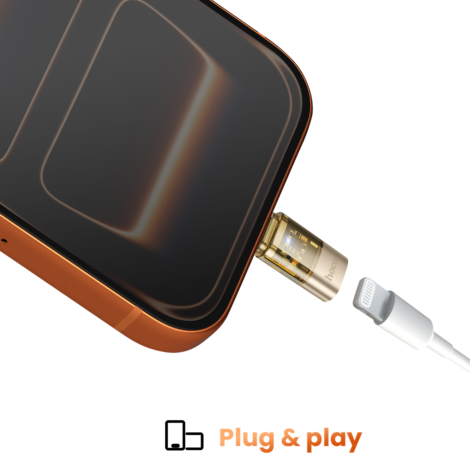 Un telefono con cavo Lightning. Il telefono è arancione, il cavo è bianco. Viene mostrato il testo Plug and play.