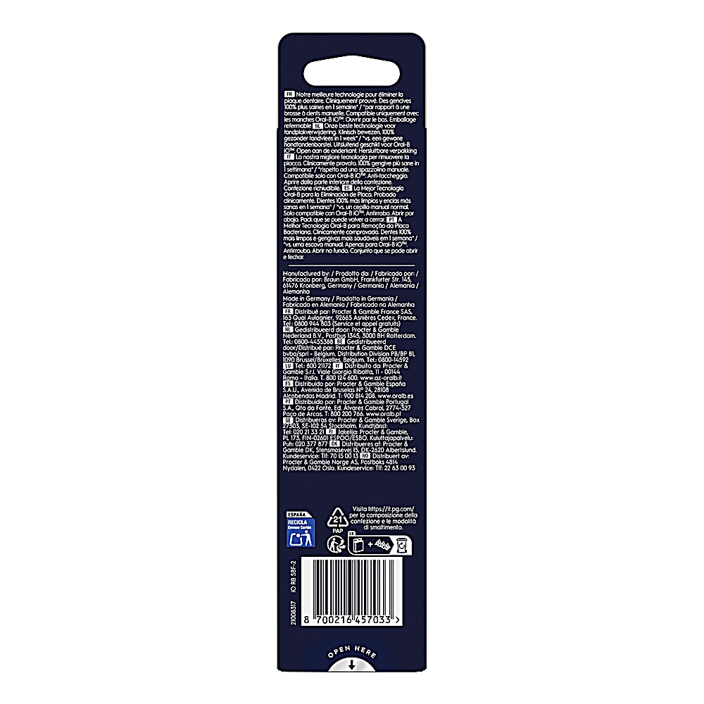 Dark blue toothbrush box. Text in multiple languages. Recycling symbols are visible.