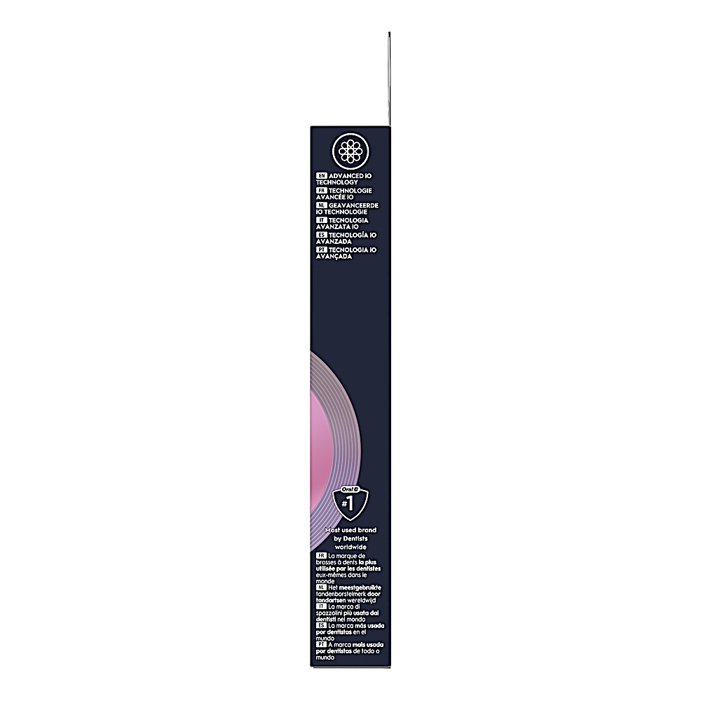A toothbrush box with text in multiple languages, including English. It has a purple and white design.