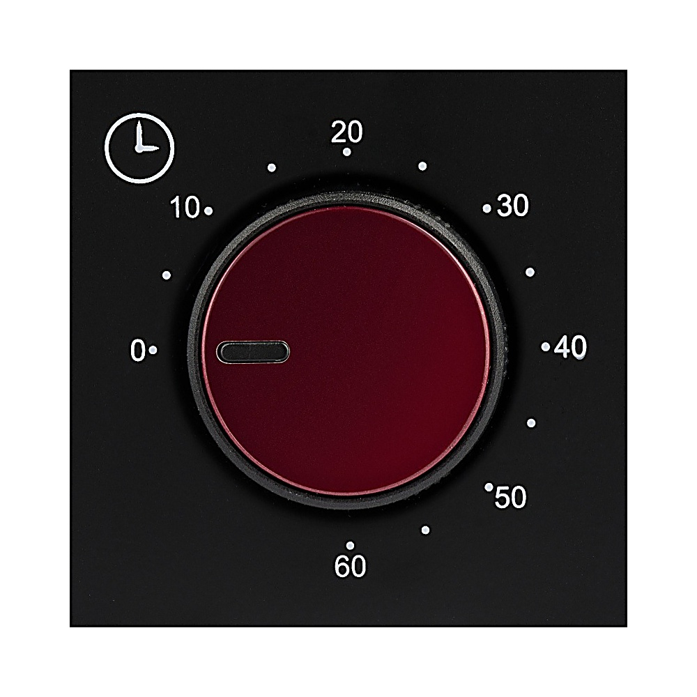 Primer plano de un temporizador de horno negro. Tiene un dial rojo y marcas blancas para el tiempo. Los números son del 0 al 60.