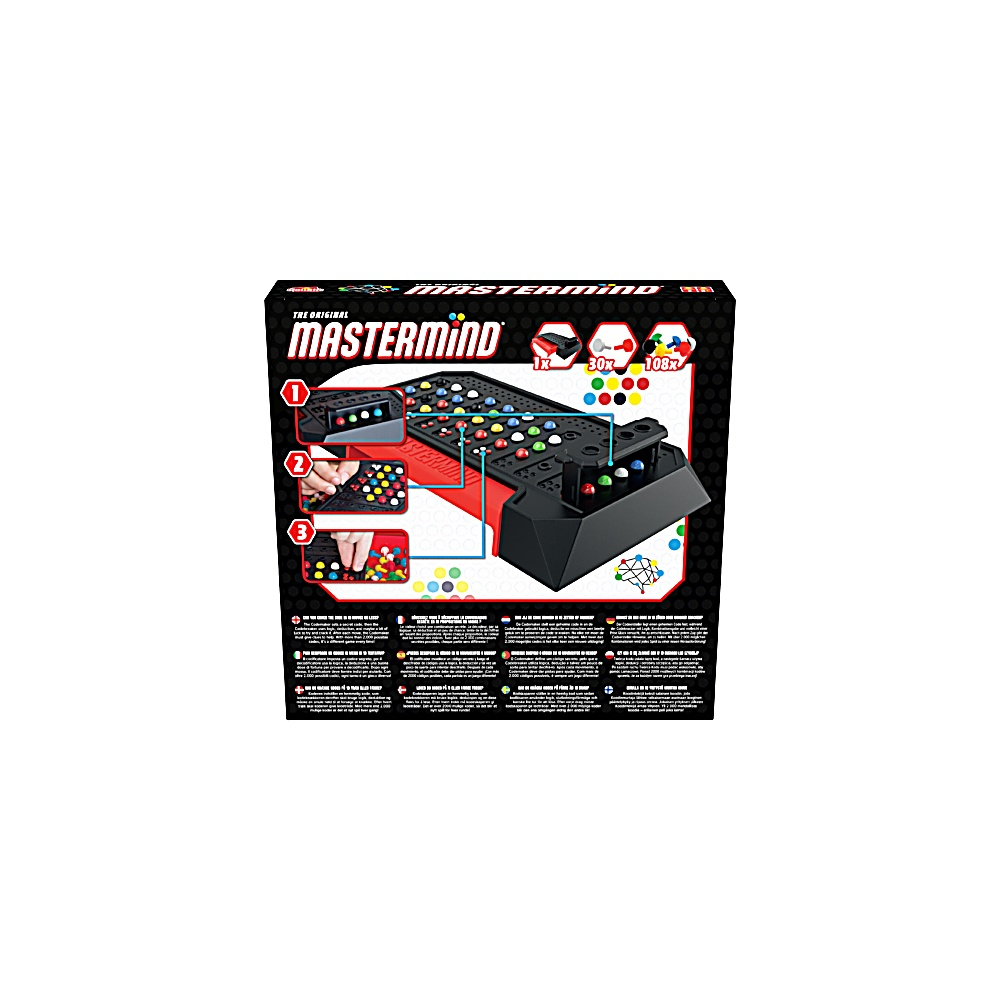 Mastermind-Spielbox. Sie zeigt das Spielbrett mit farbigen Stiften und einer schwarzen Basis. Anweisungen und Beispiele sind sichtbar.