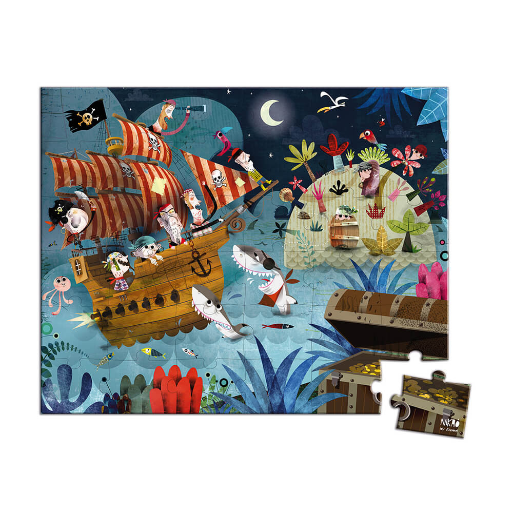 Puzzle di nave pirata con pirati, squali, forziere e luna. Pirati sulla nave. Squali in acqua. Tesoro a terra.