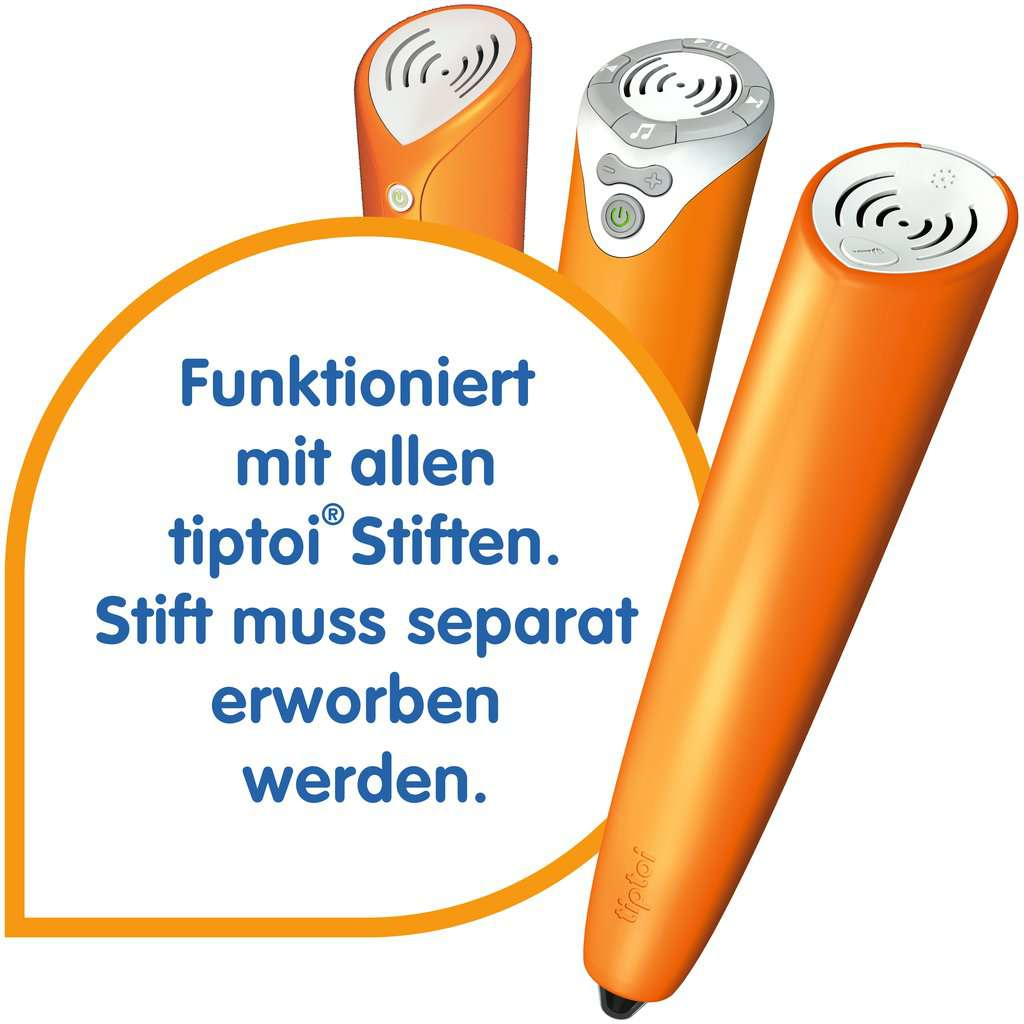 Orange tiptoi-Stifte mit weißen Oberteilen und Text auf Deutsch: 'Funktioniert mit allen tiptoi-Stiften'.
