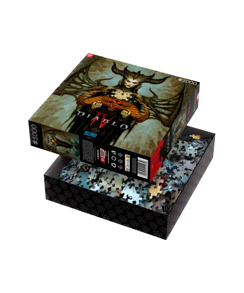 Otwarta jest 1000-częściowa skrzynka z puzzlami Diablo IV, ukazująca elementy układanki. Pokrywa przedstawia demoniczną postać ze skrzydłami i tytułem.
