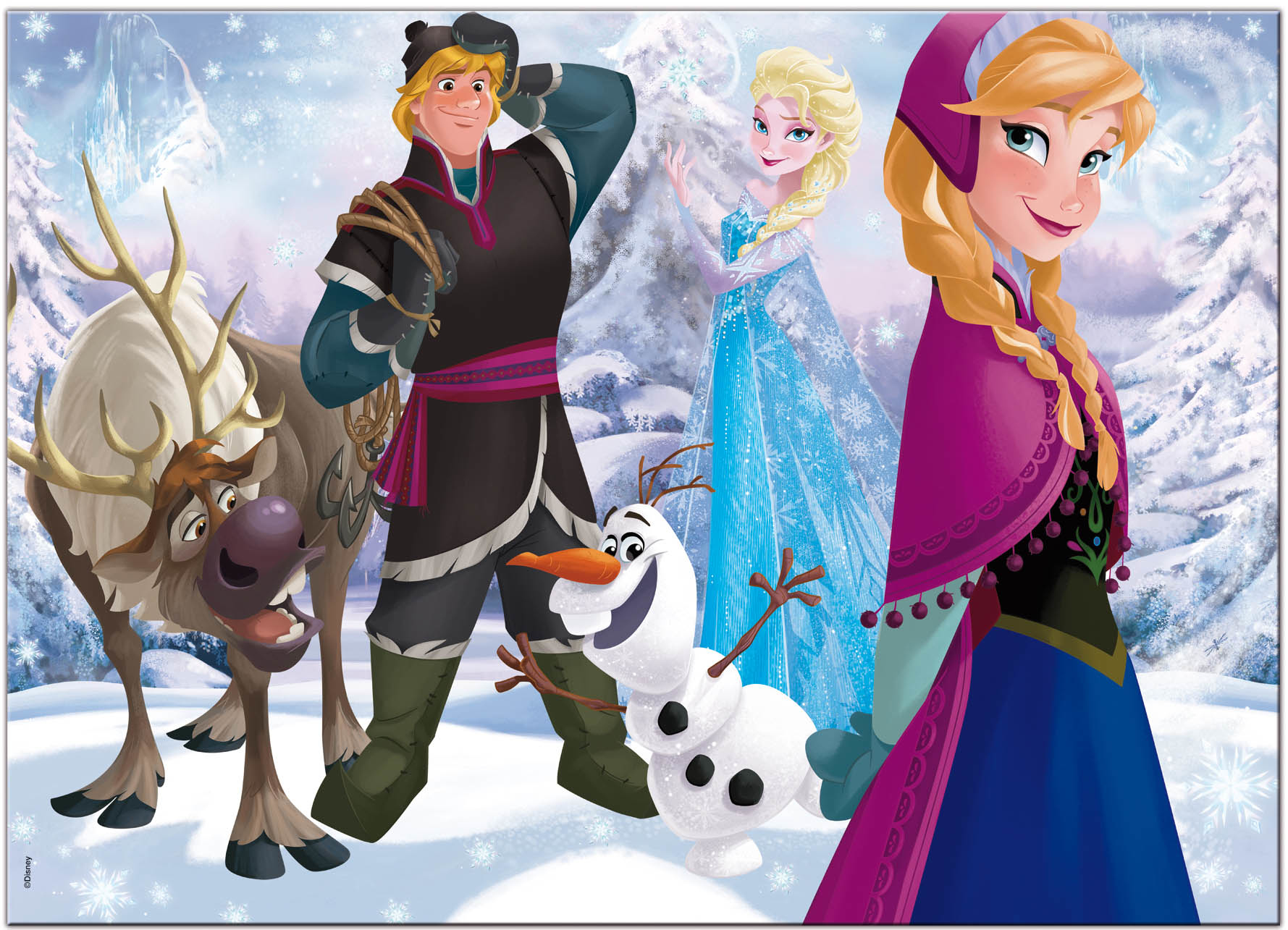 Personaggi di Frozen: Anna, Elsa, Kristoff, Olaf e Sven in una scena innevata. Anna con mantello viola, Elsa con abito blu.