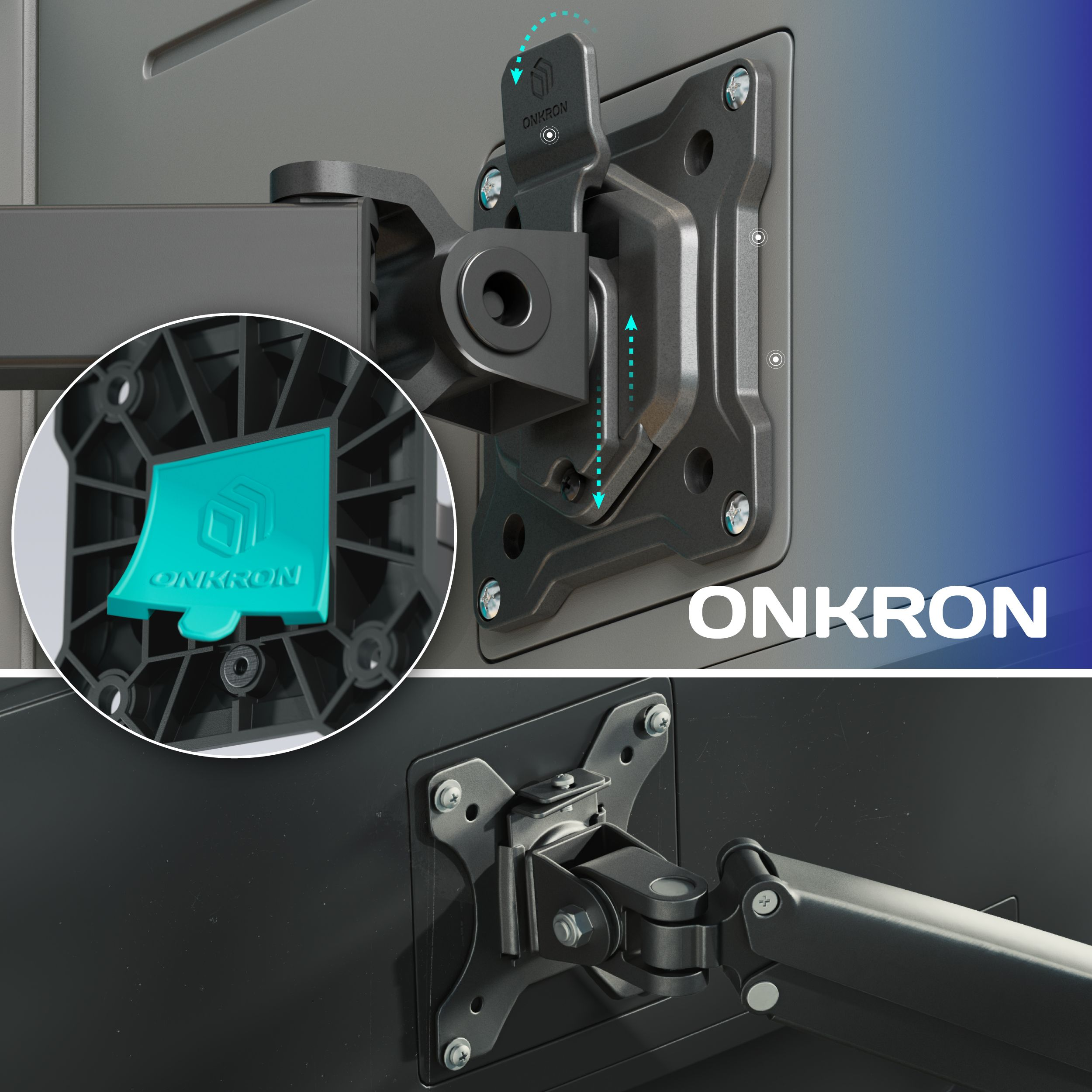 Eine Monitorhalterung mit der Marke ONKRON. Sie ist schwarz und hat ein tealfarbenes Element. Pfeile zeigen die Bewegung an.