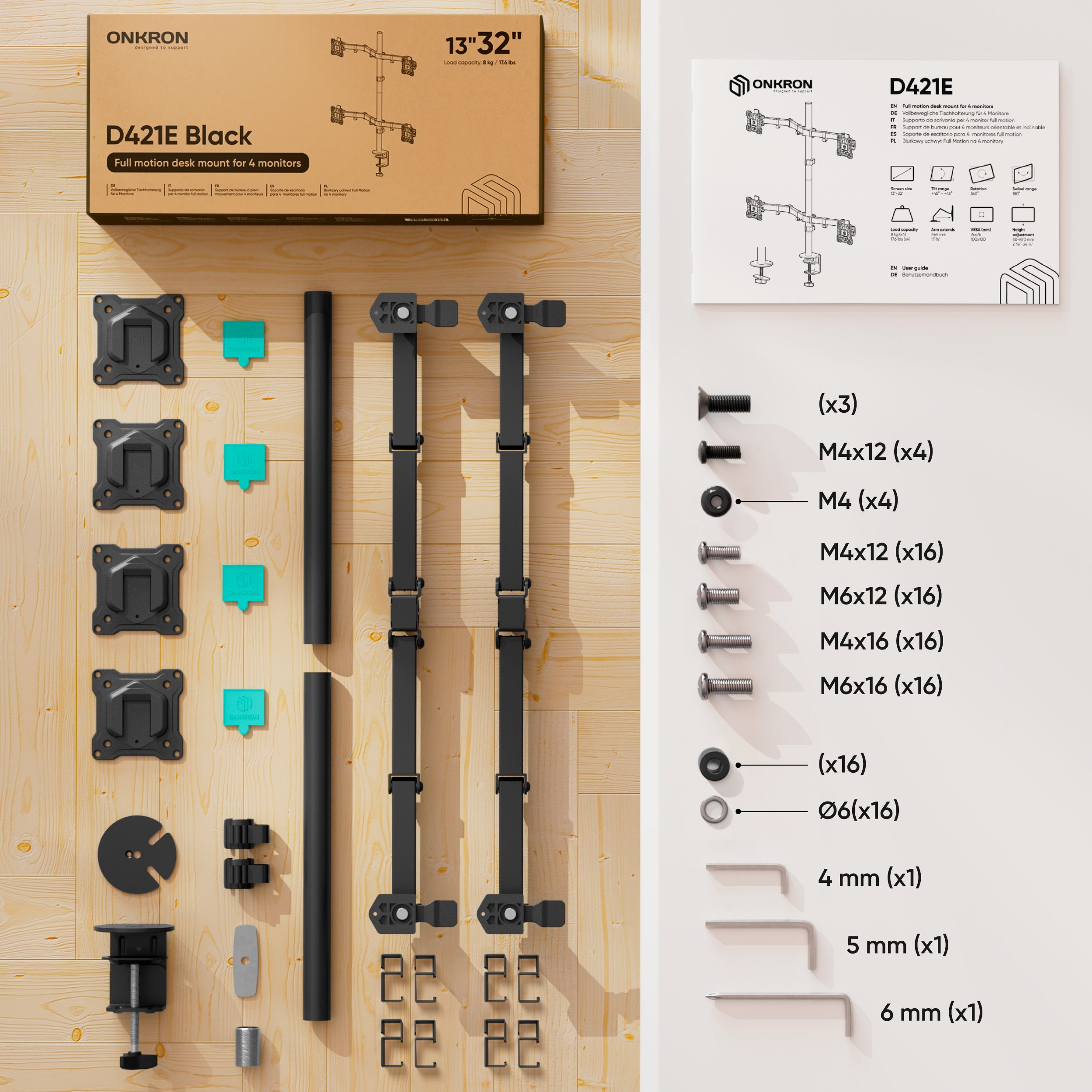Schreibtischhalterung-Kit mit Komponenten und Anleitung. Schwarze und silberne Teile auf Holz.