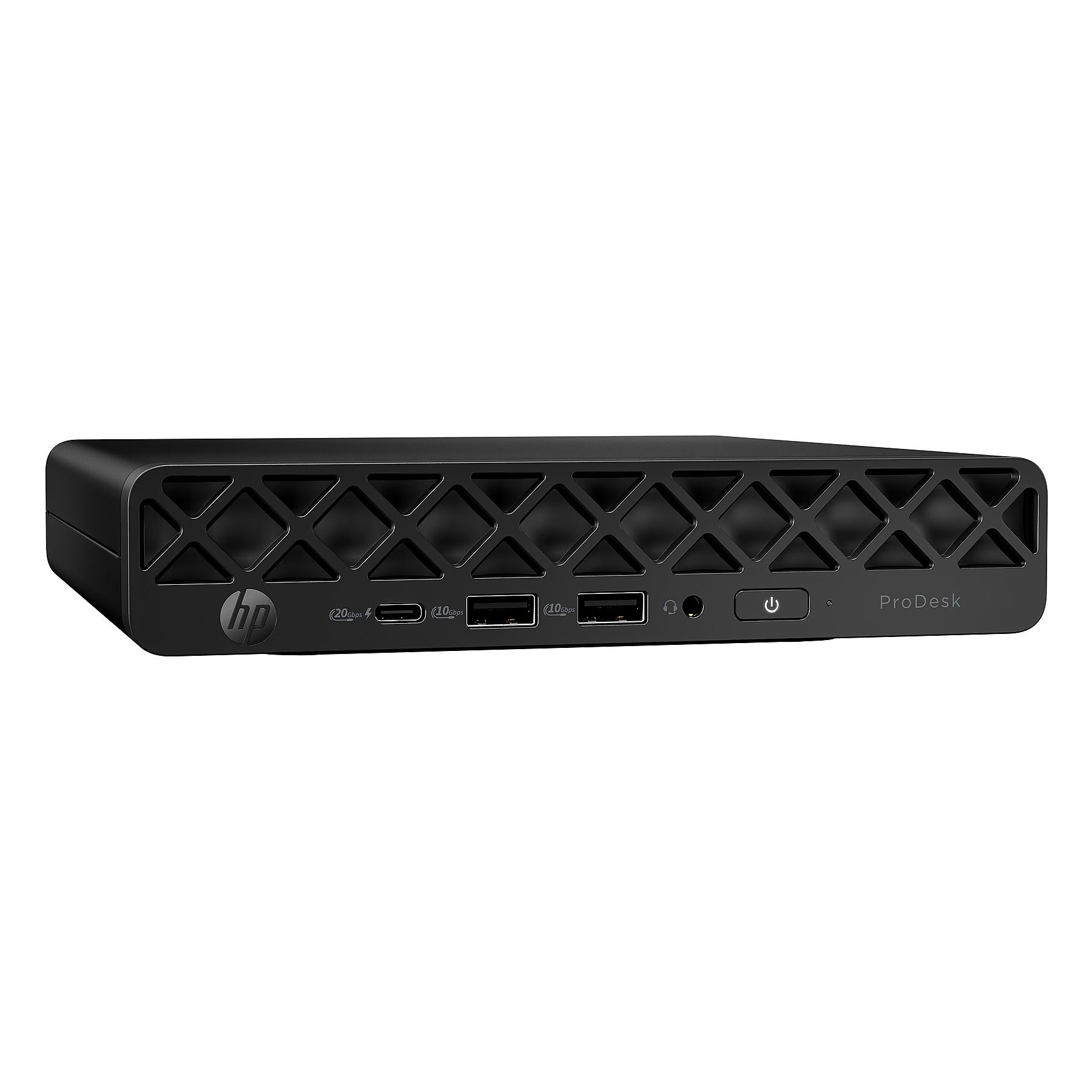 Un computer desktop HP ProDesk nero. Ha delle porte, un logo HP e un pulsante di accensione. La parte anteriore ha una presa a forma di diamante.