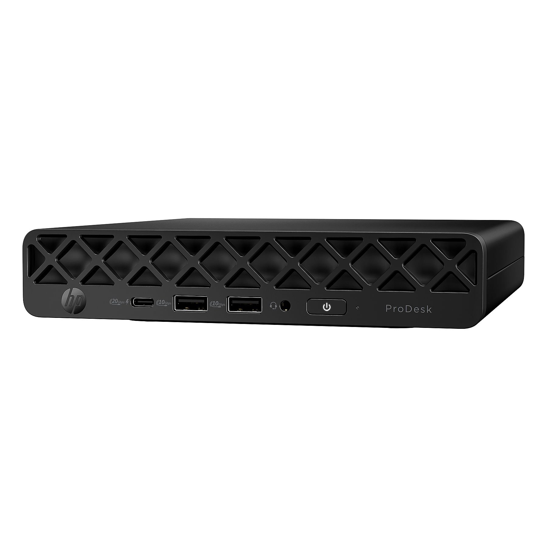 Un mini PC HP ProDesk nero. Dotato di porte, pulsante di accensione e motivo a rombi.