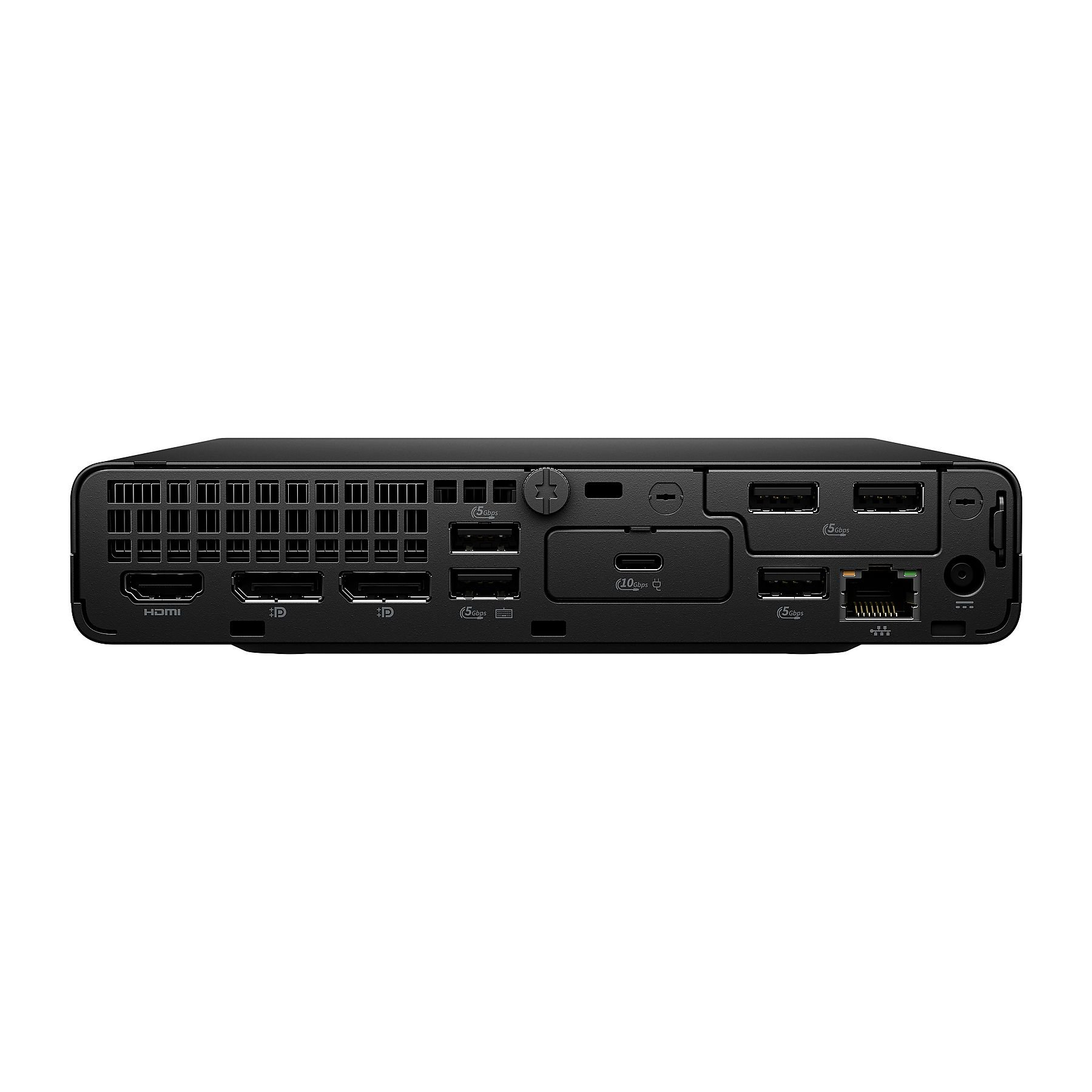 Un dispositivo informatico nero con varie porte tra cui HDMI, USB ed Ethernet. È su sfondo bianco.