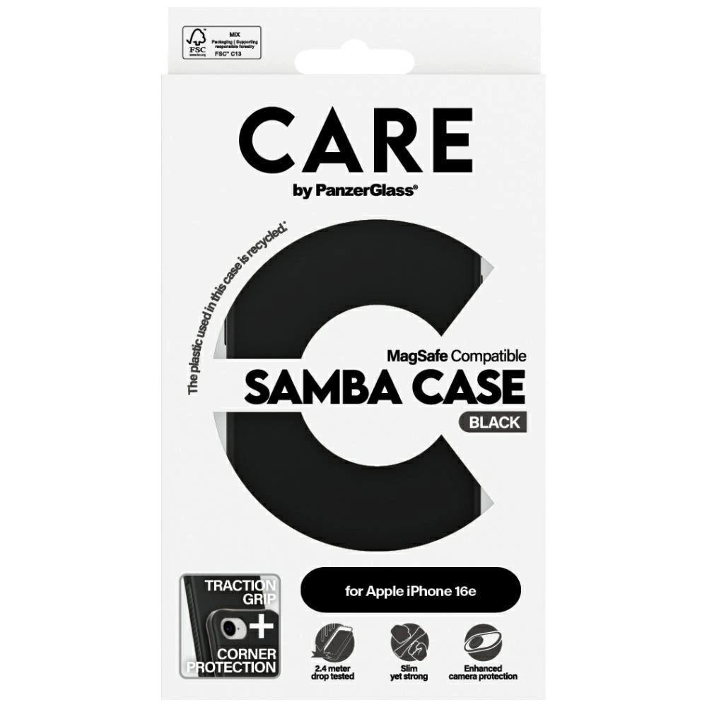 Un pacchetto di custodia per telefono con la parola CARE. Dice SAMBA CASE BLACK e per Apple iPhone 16e. Ha una protezione angolare.