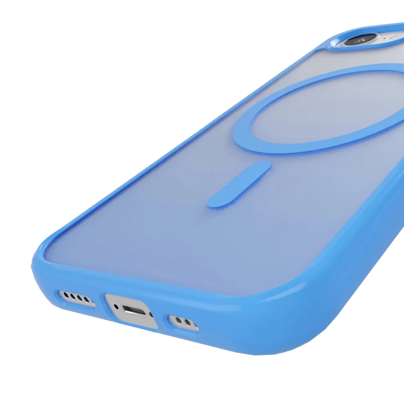Primo piano di una custodia blu per telefono. Ha un retro trasparente con un anello blu e un rettangolo blu.