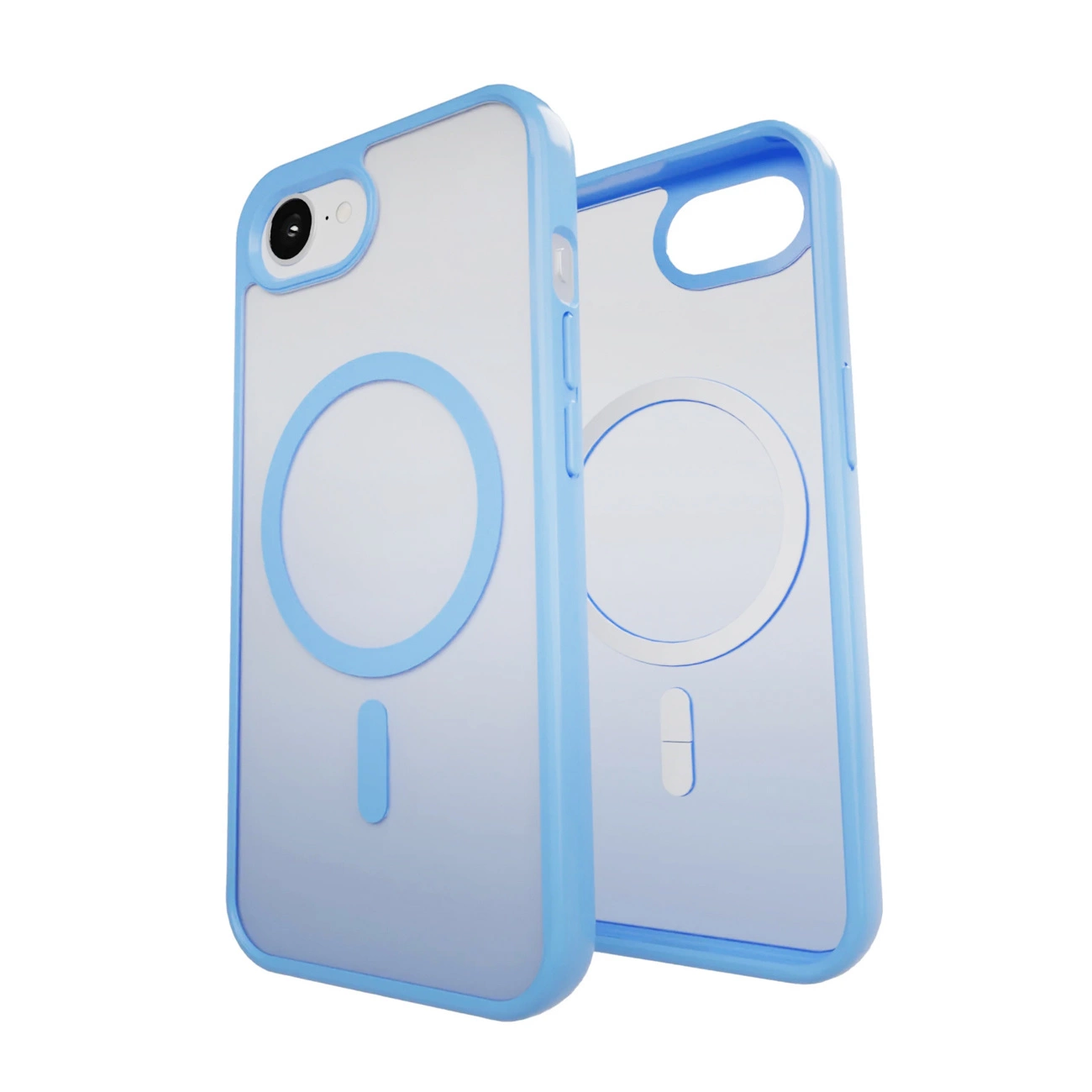 Due custodie trasparenti per telefono con bordi azzurri. Una ha un design circolare, l'altra rettangolare.