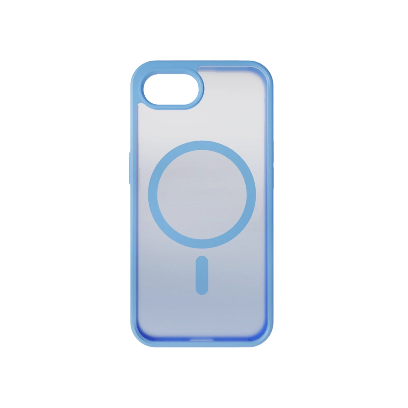 Custodia trasparente per telefono con bordi blu. Contiene un cerchio blu e un trattino verticale. La custodia ha un ritaglio per la fotocamera.