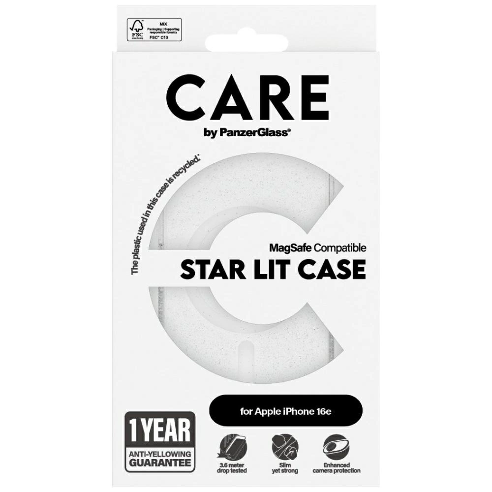 Un emballage de coque de téléphone blanc et gris avec les mots 'CARE' et 'STAR LIT CASE' imprimés dessus. Il est pour iPhone 16e.