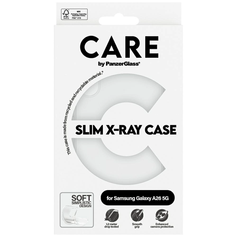 Białe pudełko na etui na telefon z czarnym tekstem: CARE by PanzerGlass, SLIM X-RAY CASE. Cechy: test upadku z 1,2 m, gładki chwyt, ochrona aparatu.