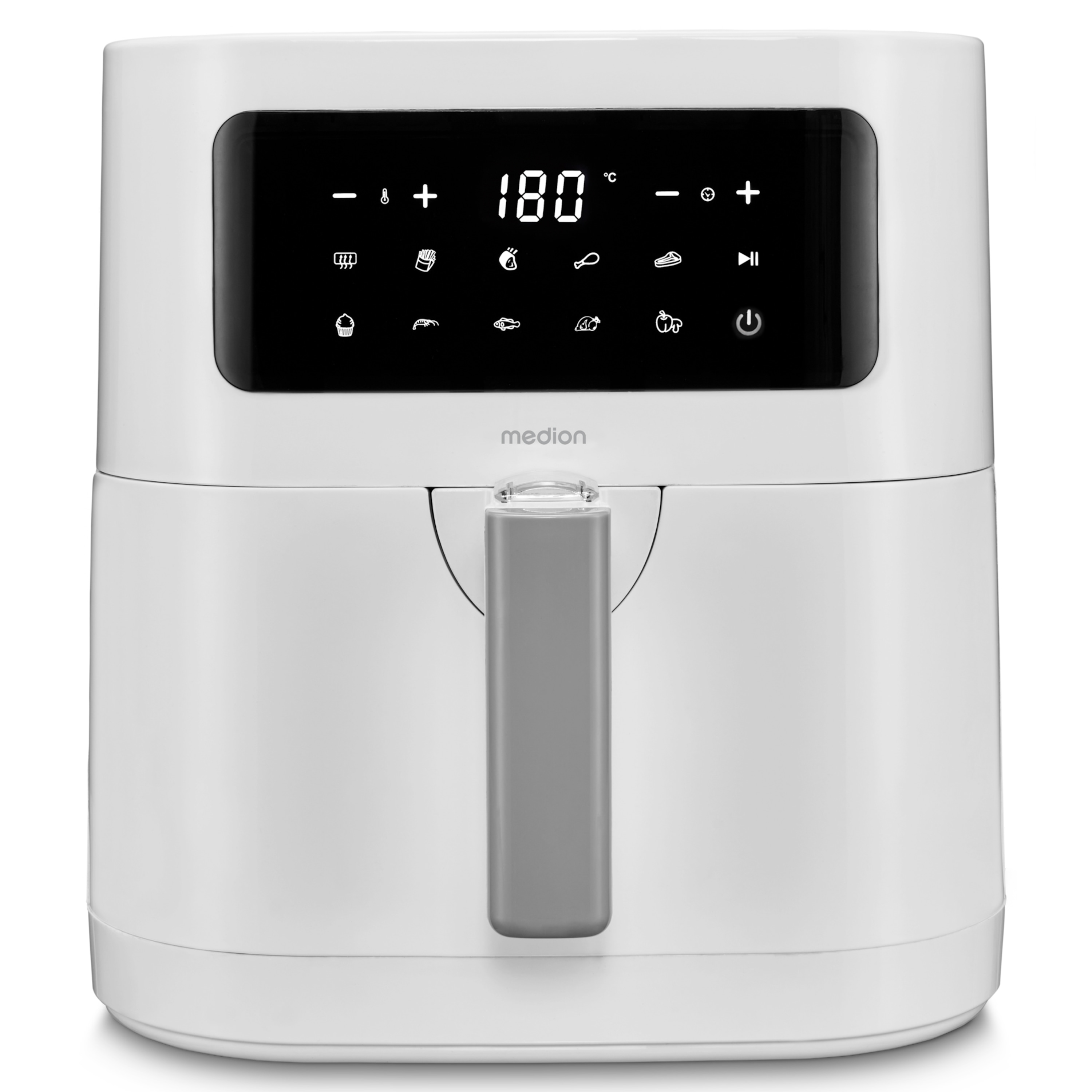 Weißer Airfryer mit Digitalanzeige, die 180 Grad anzeigt. Er hat einen grauen Griff und verschiedene Kochsymbole.