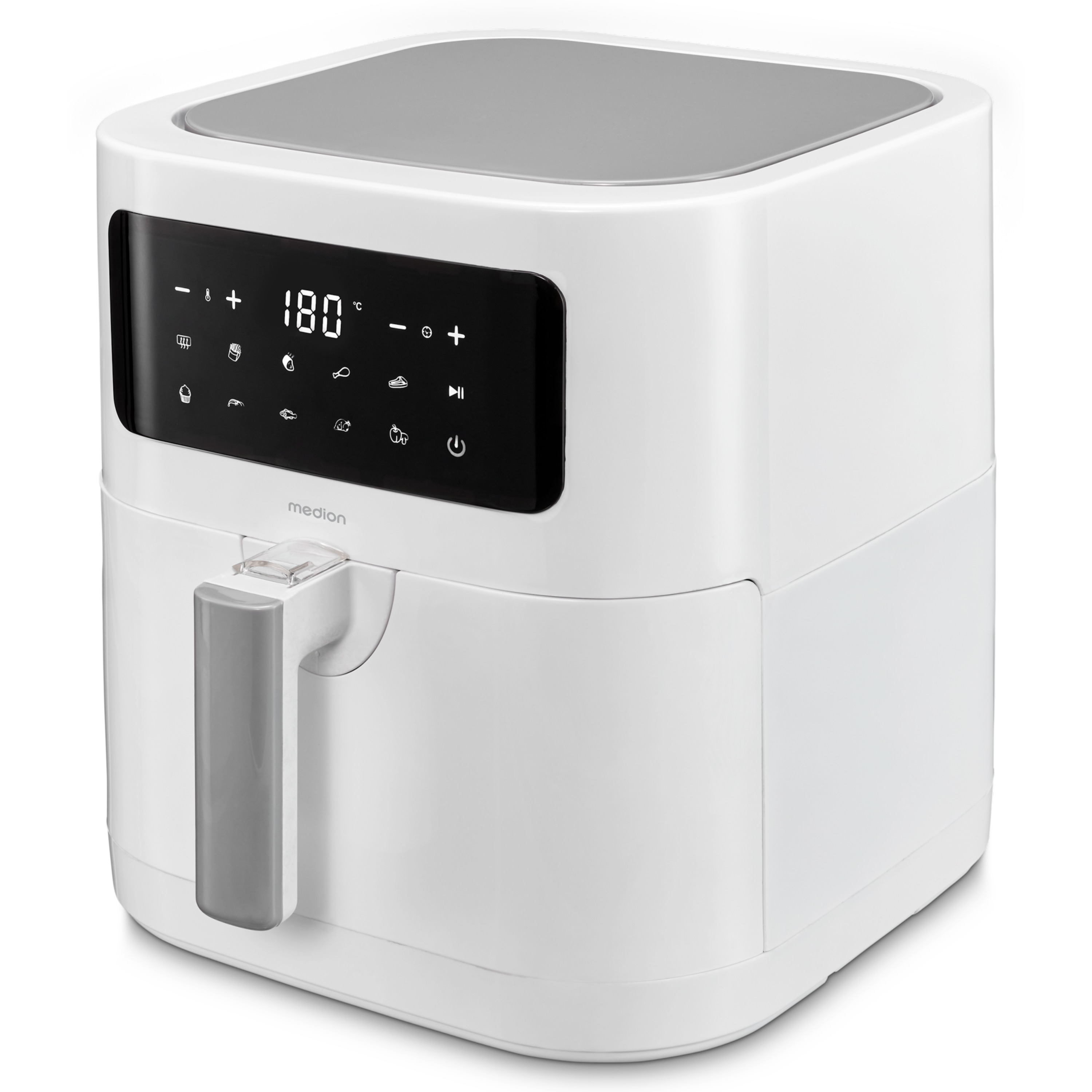 Biała frytkownica powietrzna z szarą górą i uchwytem. Posiada wyświetlacz cyfrowy.
