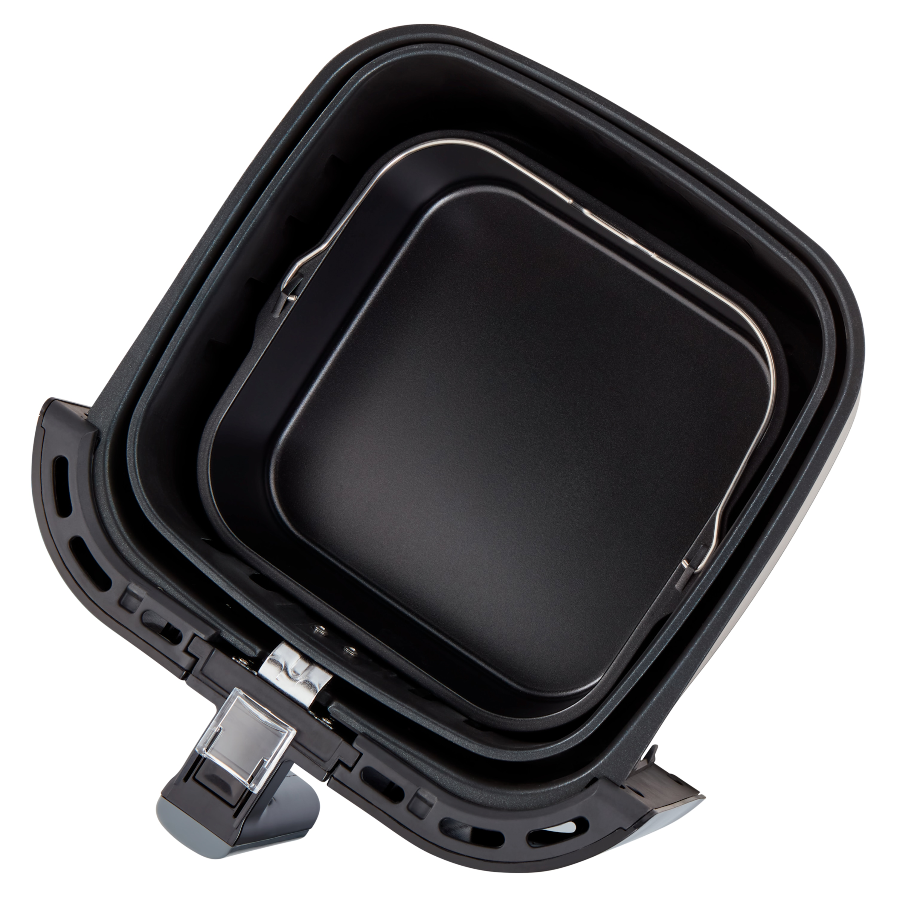 Czarny kosz do frytkownicy powietrznej z trzema zagnieżdżonymi przegrodami, uchwytem i uchwytem na wewnętrznym koszu, na białym tle.