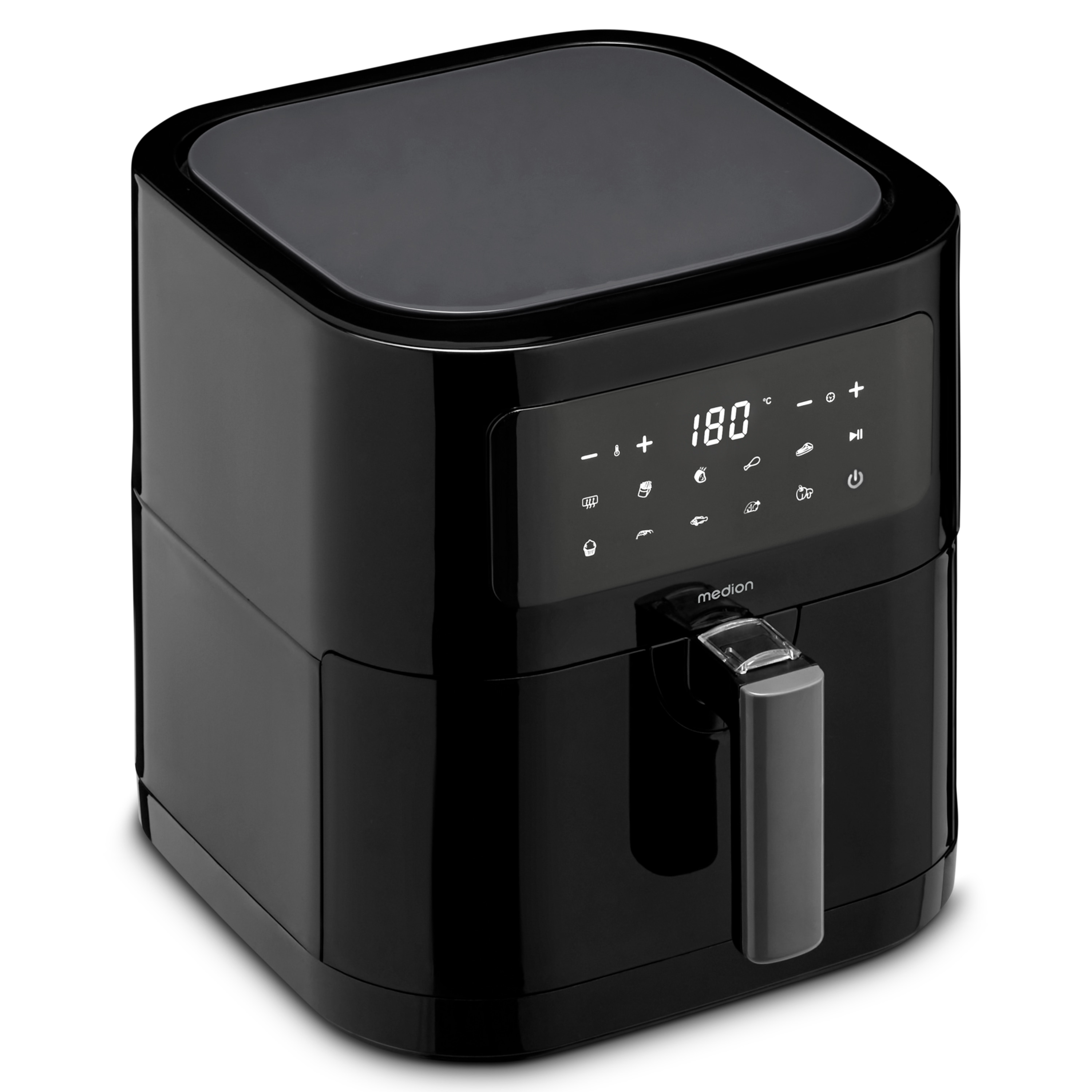 Black air fryer with digital display showing 180 degrees. It has a handle and is on a white surface.