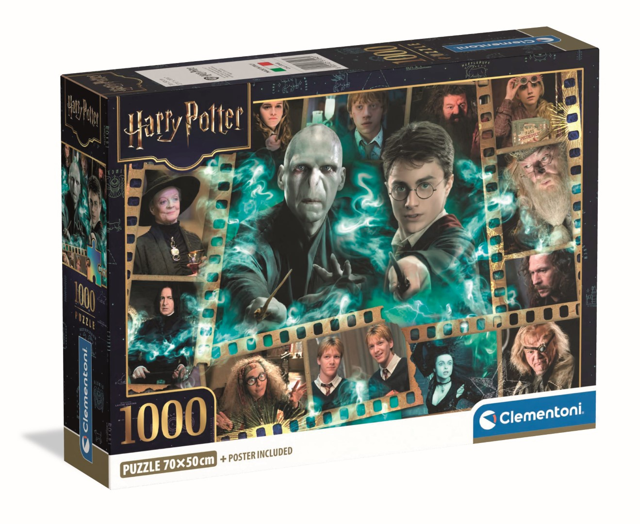 Boîte de puzzle Harry Potter. Comprend des personnages du film, dont Harry, Voldemort et d'autres figures emblématiques. La boîte est noire.