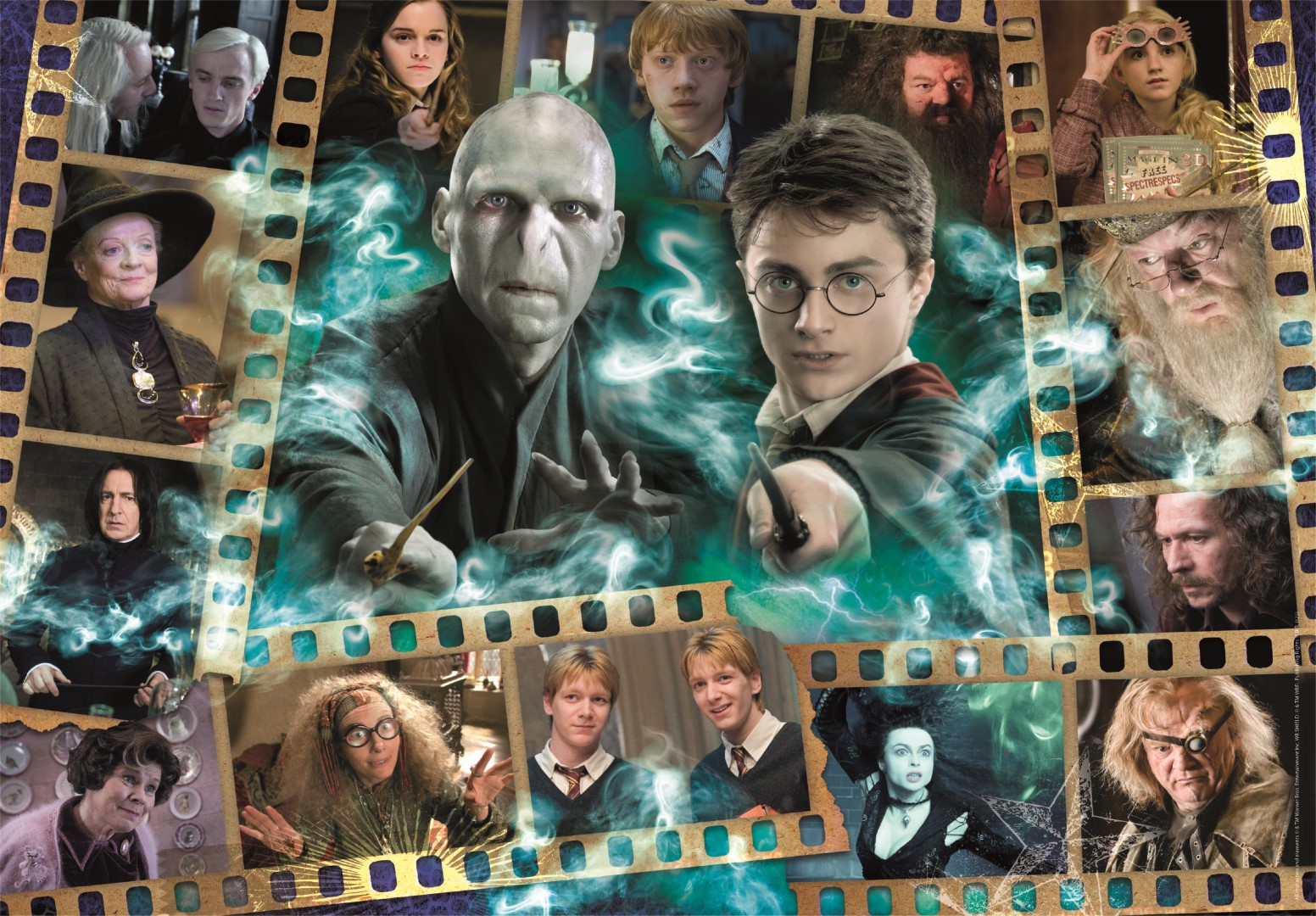 Un collage de personnages d'Harry Potter, dont Harry, Voldemort et Dumbledore, disposés dans un cadre de bande de film.