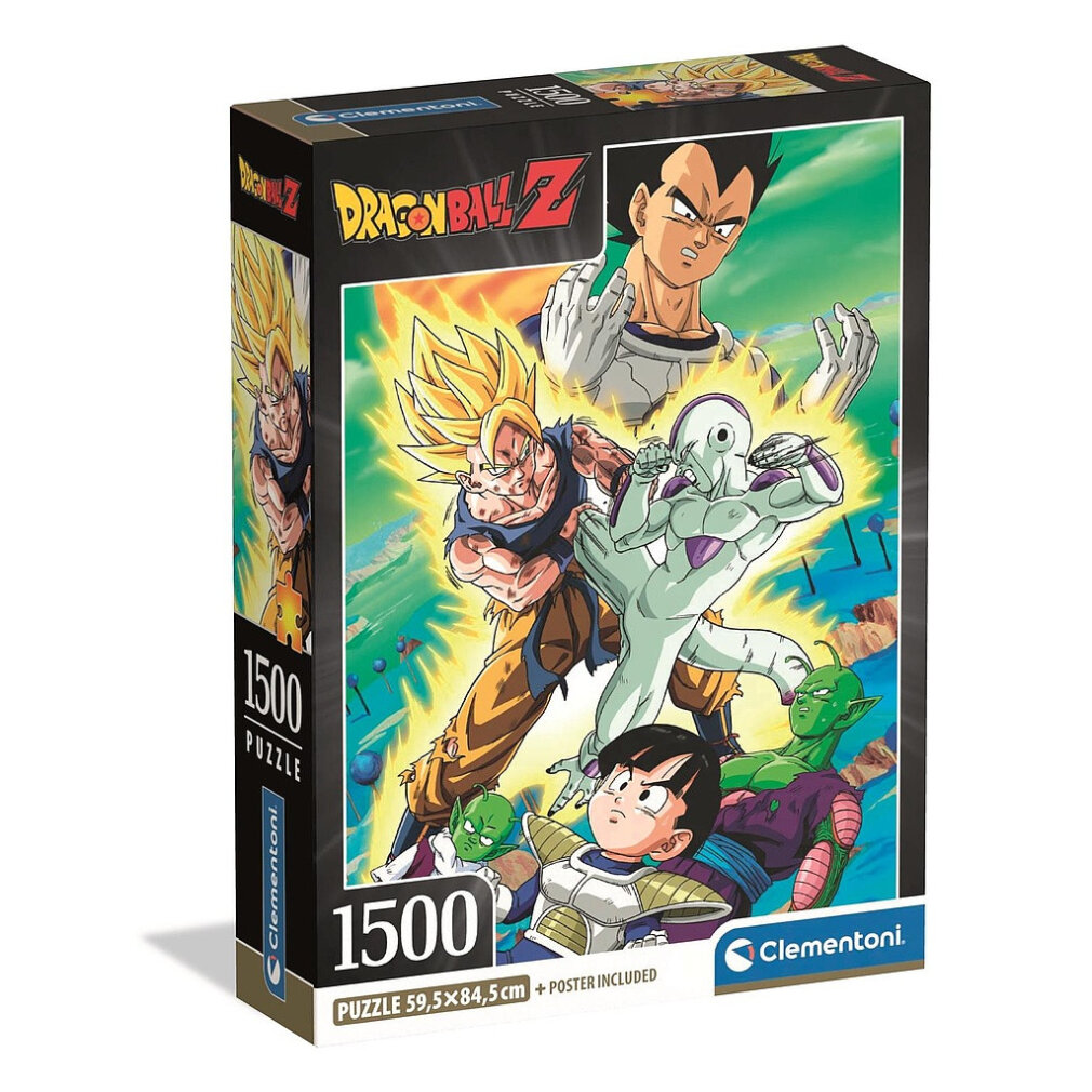 Una caja de rompecabezas de Dragon Ball Z con personajes, Goku, Frieza, Vegeta y otros. Se presentan colores brillantes y poses de acción.