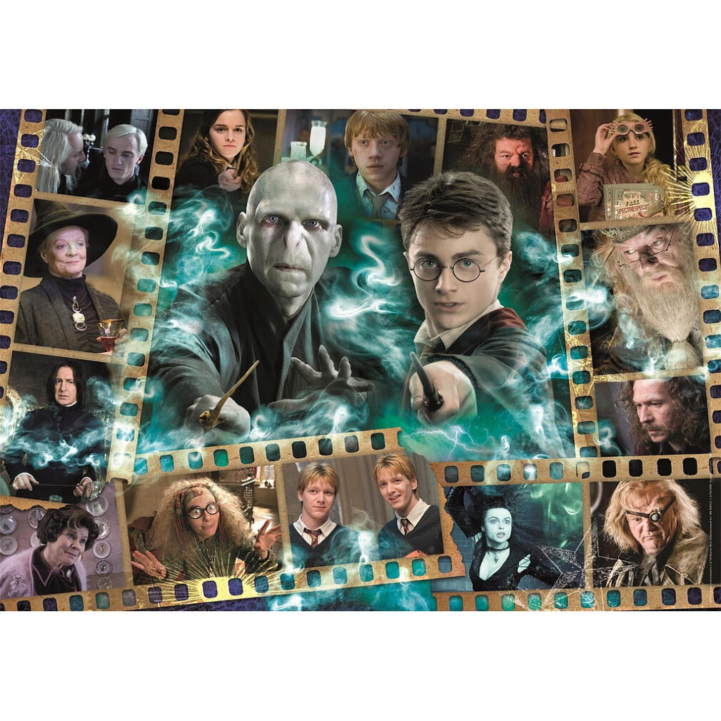 Un collage de personnages d'Harry Potter, dont Harry, Voldemort, Dumbledore et d'autres, disposés dans des cadres de bandes de film.