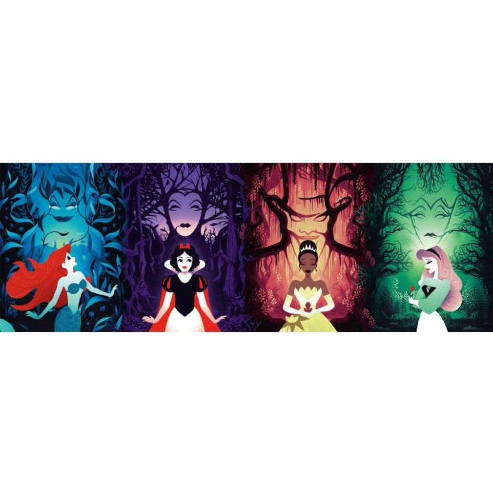 Ilustracja czterech księżniczek Disneya: Ariel, Królewna Śnieżka, Tiana i Aurora, każda na tle kolorowego lasu.