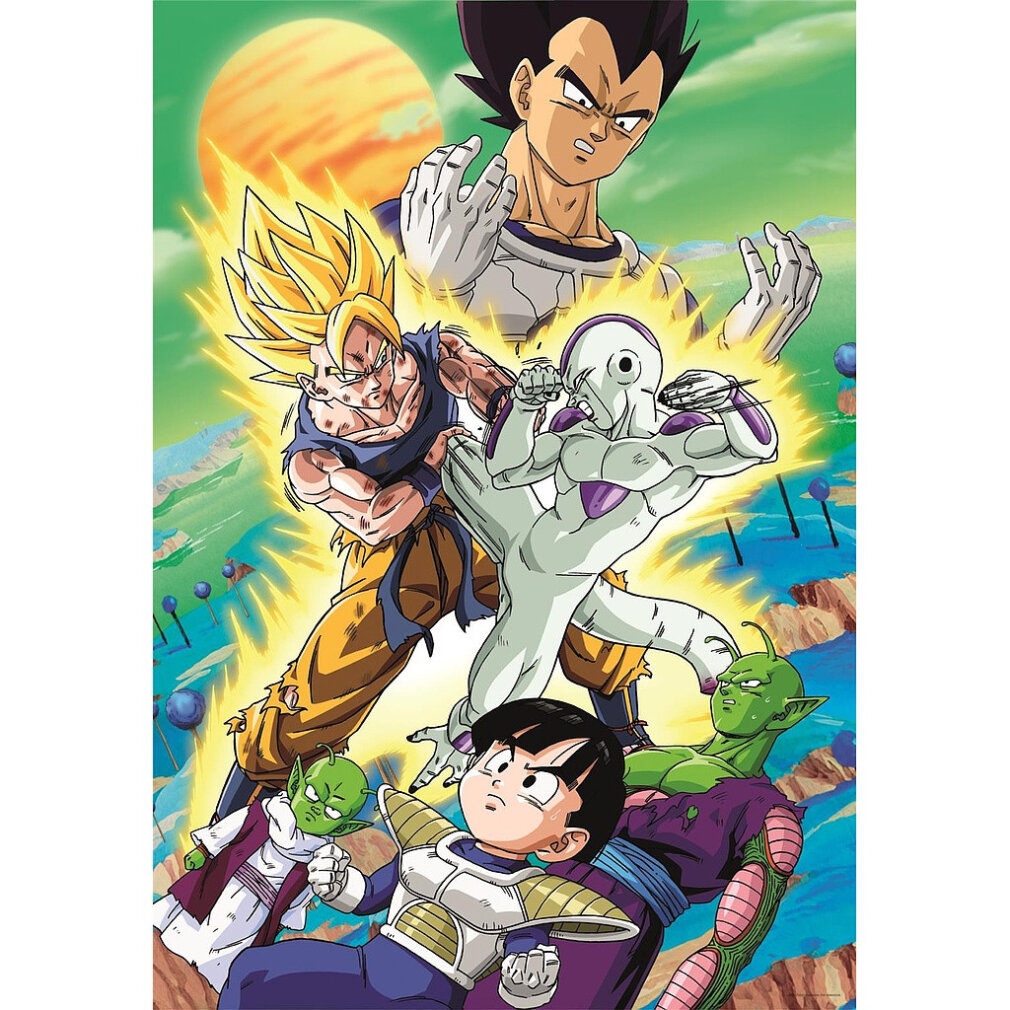Póster de anime con personajes. Goku luchando contra Hit. Vegeta, Gohan, Piccolo y otros observando. Sol naranja al fondo.