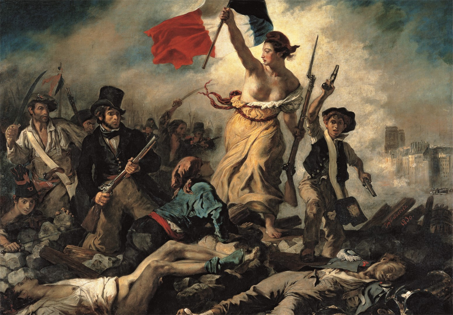 Pintura que muestra a una mujer con bandera liderando gente sobre una barricada. Cadáveres abajo. Soldados con armas al fondo.