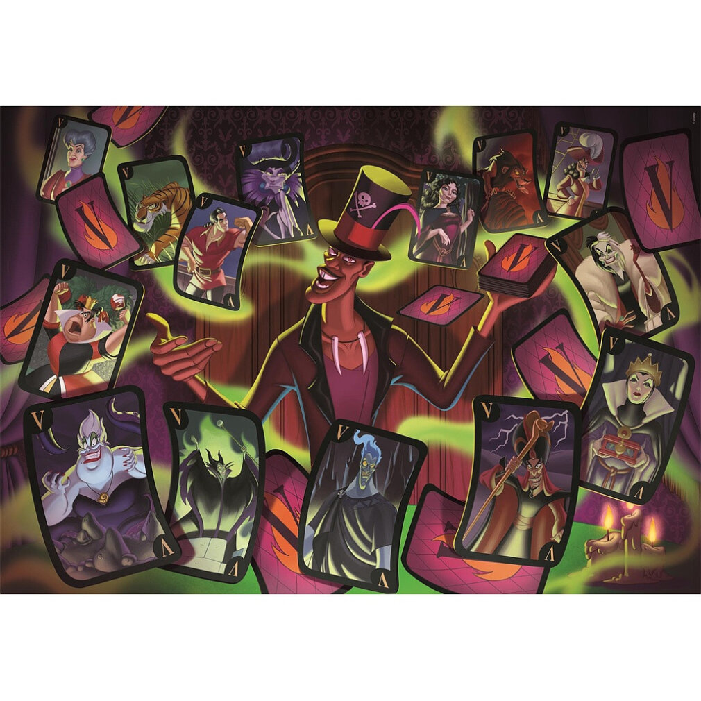 Un homme en haut-de-forme entouré de cartes représentant des méchants Disney. Les cartes ont un 'V' et des méchants comme Ursula.