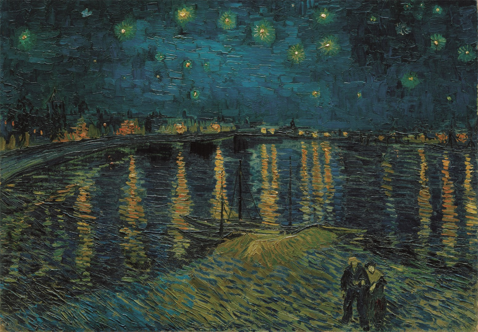 Painting of starry night over water, with reflections of lights. Two figures stand in the foreground. Boats are visible.