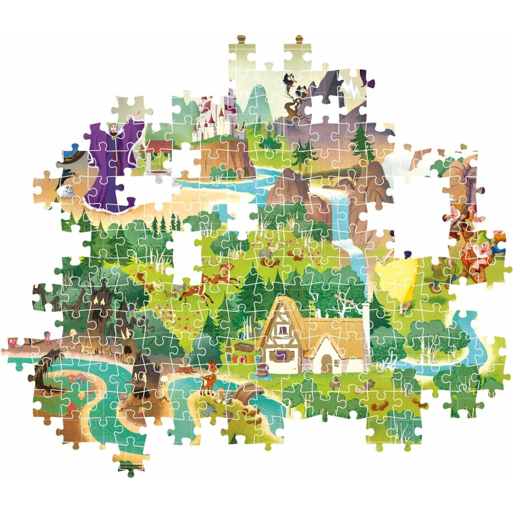 Puzzel van een sprookjesscène met een kasteel, bos, rivier, huis en personages als Sneeuwwitje en de dwergen.