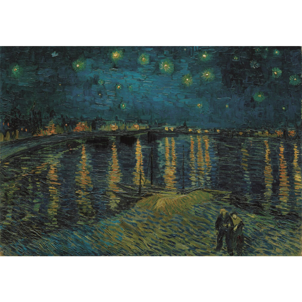 Painting of starry night over water with reflections. Two figures stand on shore. City lights and sky glow with stars.