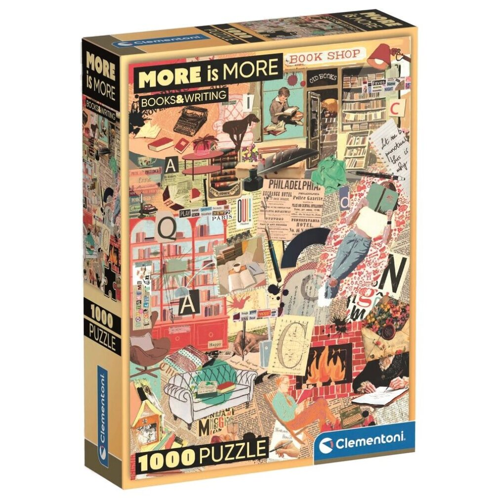 A puzzle box with collage art. It displays a bookshop theme with text and images of books, writing, and various objects.