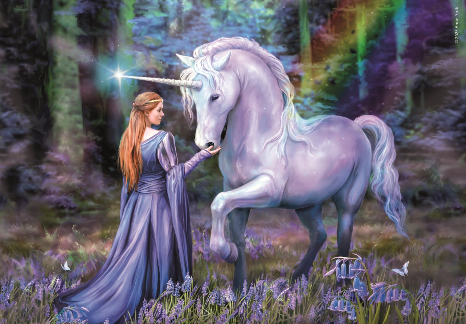 A woman in a blue dress touches a white unicorn's nose in a forest. Flowers and butterflies surround them. Rainbow lights in the background.