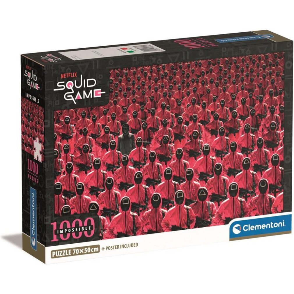 Eine Squid Game Puzzlebox zeigt rot gekleidete Figuren, eine schwarz maskierte Figur und das Netflix-Logo. Das Puzzle hat 1000 Teile.