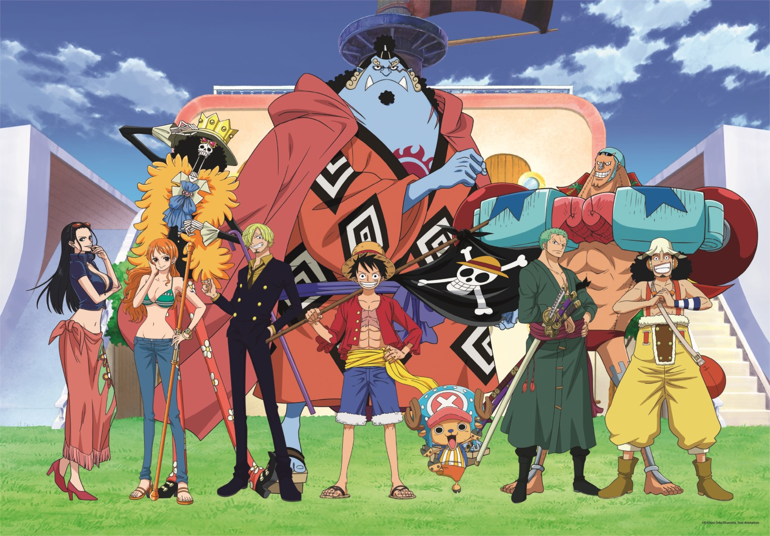 Portrait de groupe d'anime. Luffy tient un drapeau pirate avec une tête de mort. D'autres personnages incluent Zoro, Nami, Sanji et Chopper.