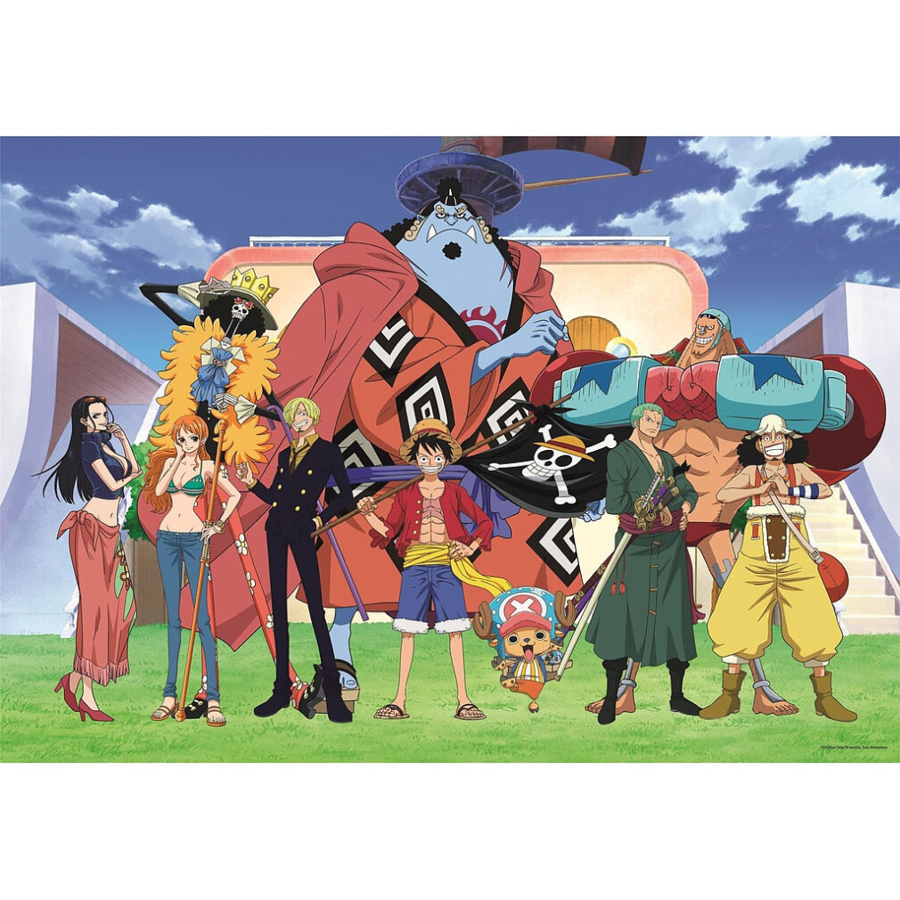 Groupe d'anime de One Piece. Luffy est devant, les autres derrière. Ciel bleu, herbe verte.