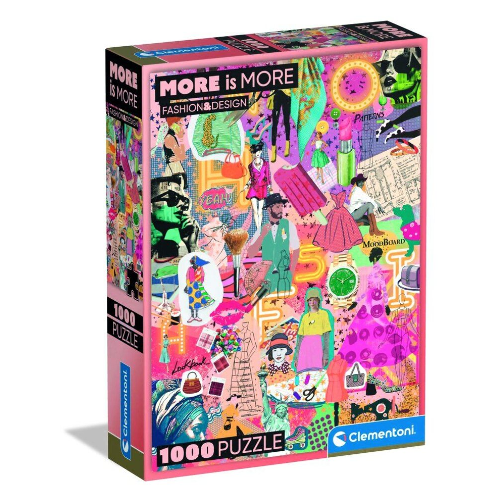 Une boîte de puzzle avec un collage d'articles de mode. Comprend des personnes, des vêtements et les mots 'More is More' et '1000 Puzzle'.
