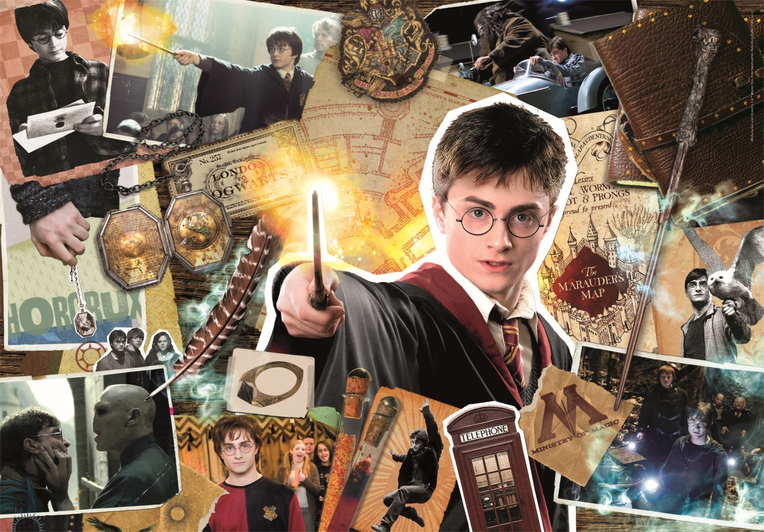 Collage de scènes de Harry Potter. Harry avec une baguette, la carte des Maraudeurs, des Horcruxes et d'autres images.