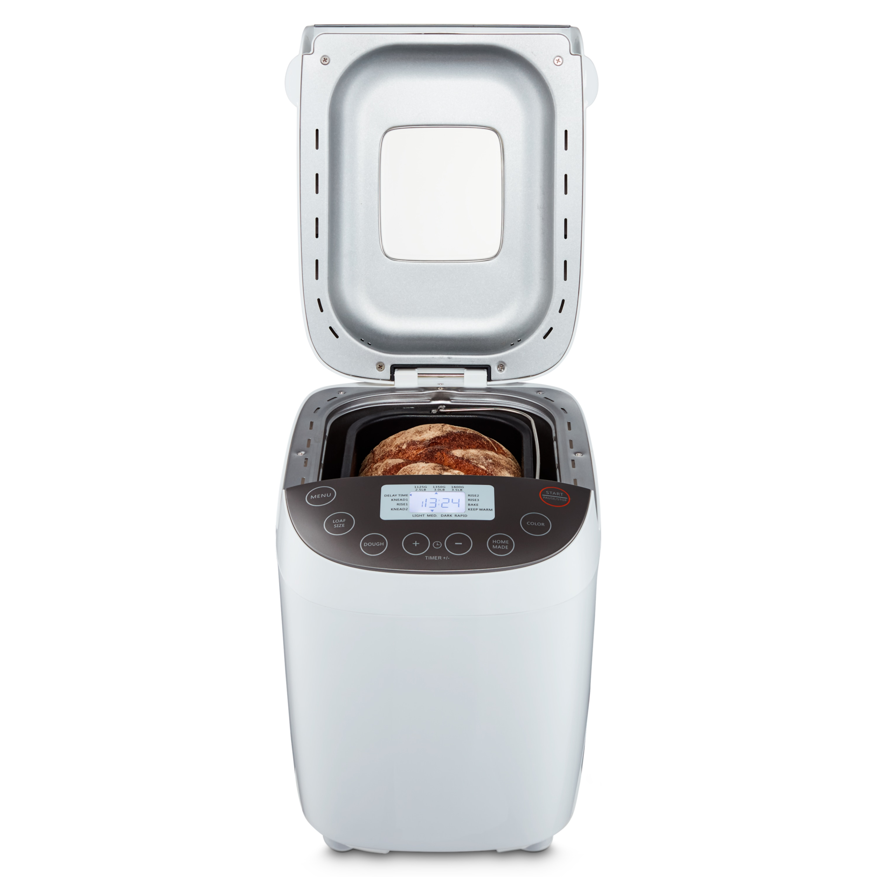 Ein weißer Brotbackautomat mit offenem Deckel, der Brot im Inneren zeigt. Ein Digitaldisplay und Bedienelemente sind sichtbar.