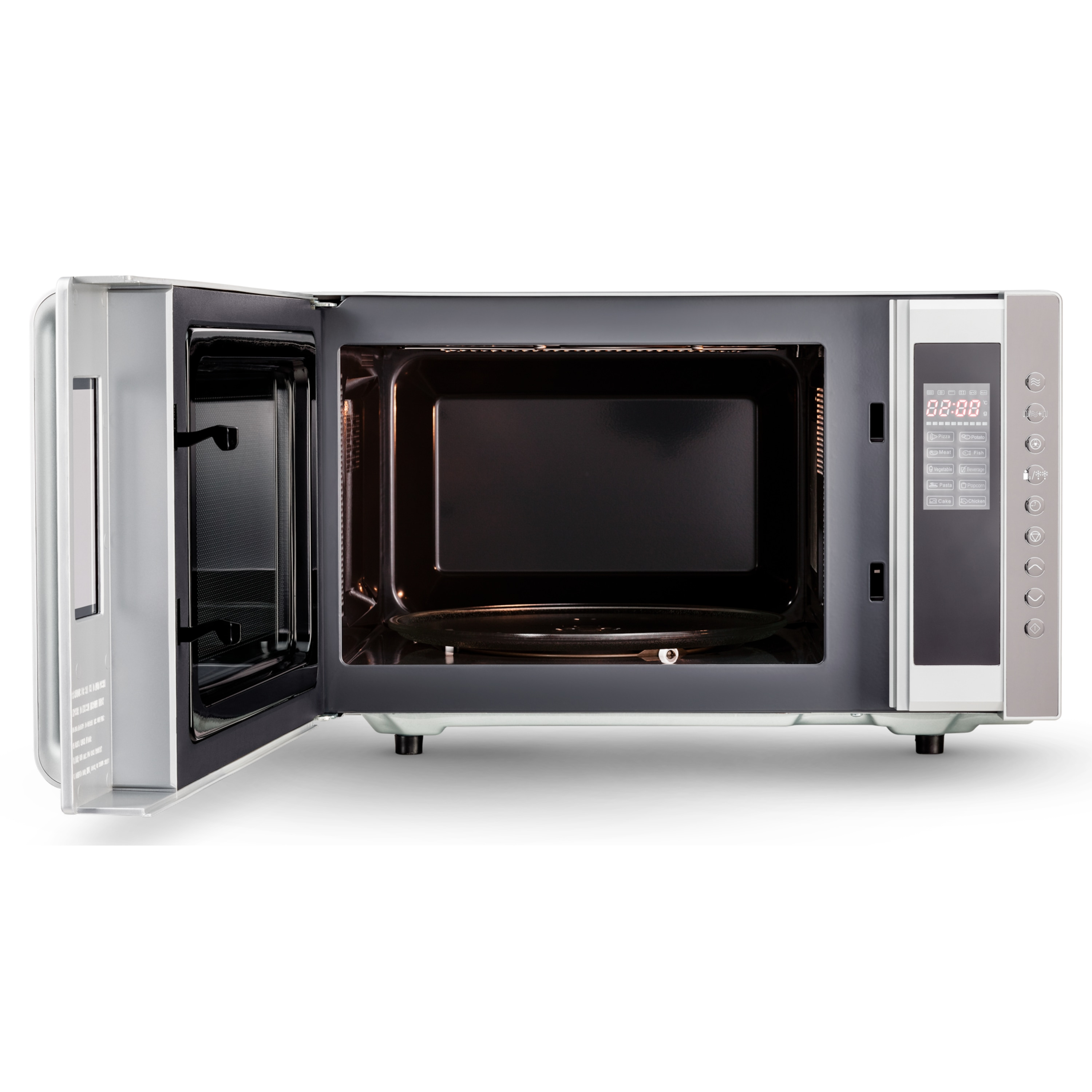 Otwarty piekarnik mikrofalowy. W środku szklany talerz. Wyświetlacz pokazuje czas. Przyciski do gotowania.