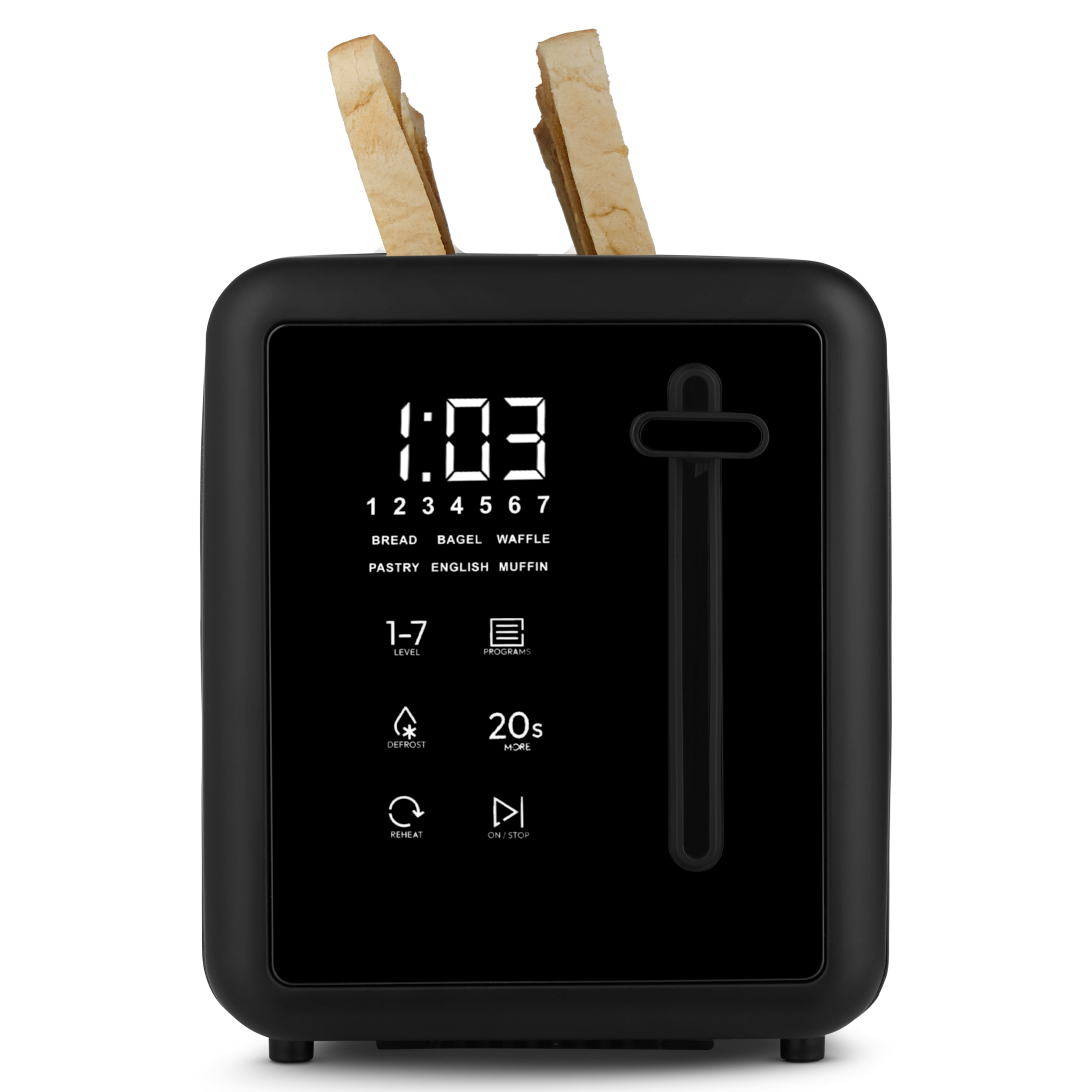 Un tostapane nero con due fette di pane tostato. Ha un display digitale e vari pulsanti funzione.