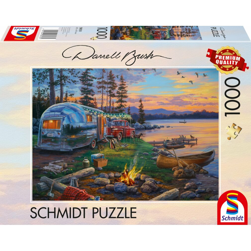 Puzzledose mit einer Camping-Szene am See, mit einem Vintage-Wohnwagen, einem roten Truck, einem Lagerfeuer und einem Sonnenuntergang.