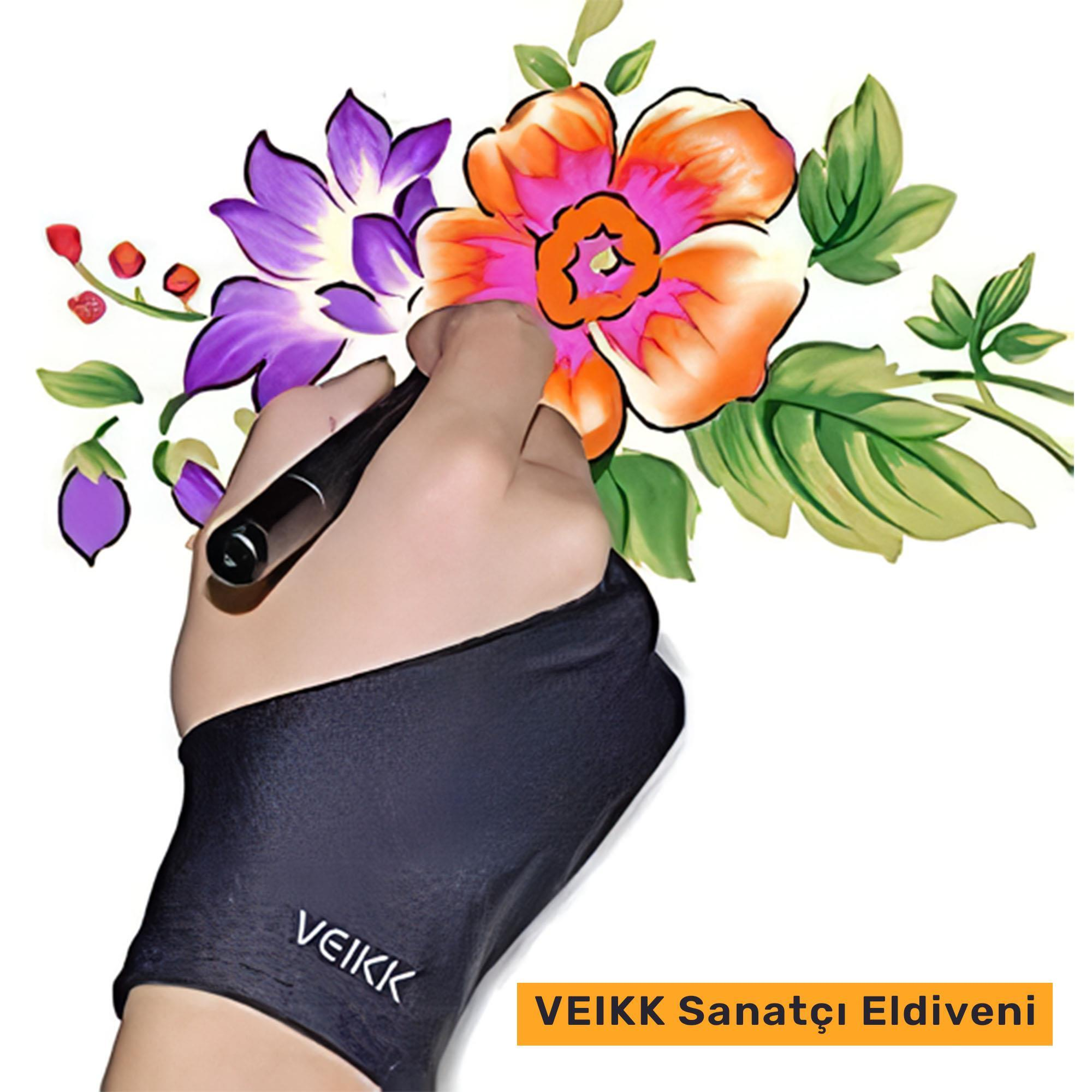 Siyah eldiven takan bir el çiçek çiziyor. Çiçekler turuncu, pembe ve mor renktedir. Eldiven üzerinde VEIKK yazısı var.