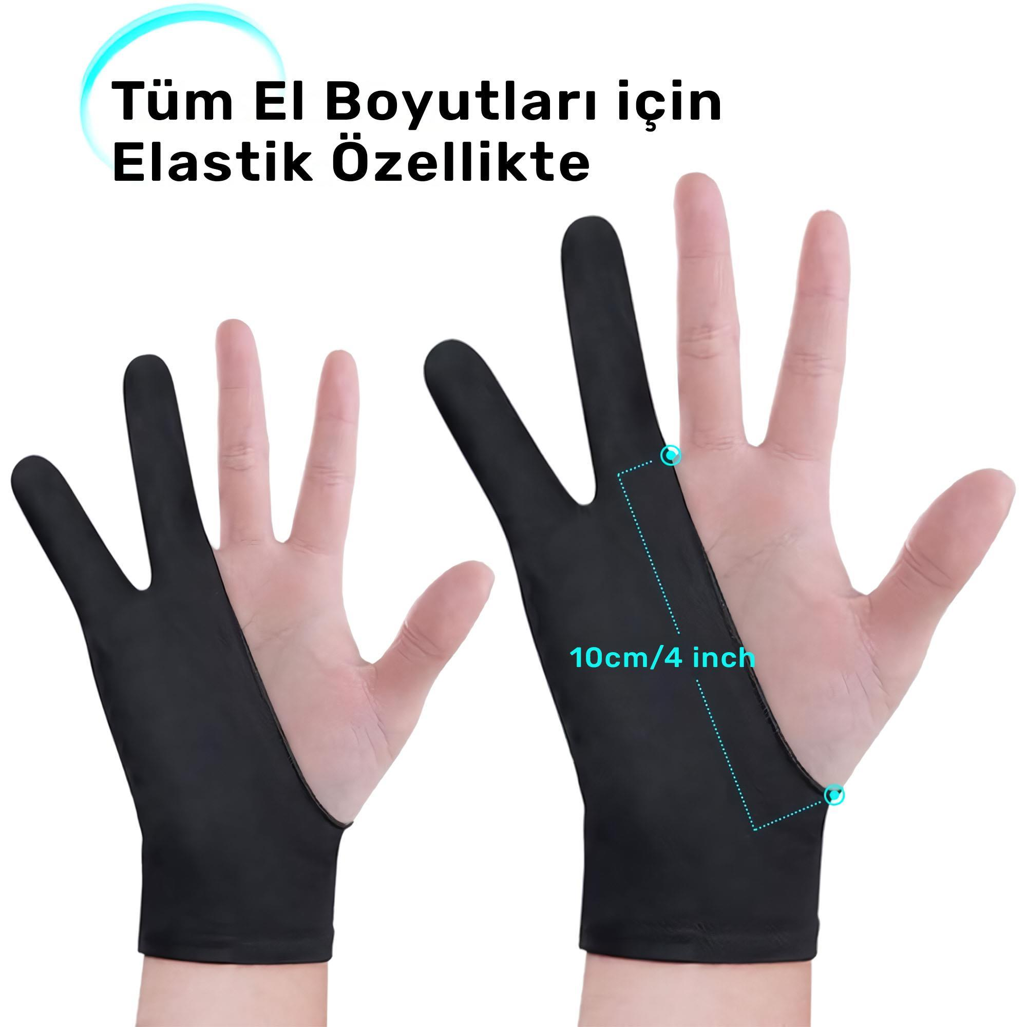 Görselde iki el var, biri siyah eldivenli. Metin diyor ki: Tüm el boyutları için, elastik özellik. Ölçü 10cm/4 inç.